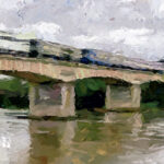 Vue d’artiste illustrant le franchissement de l’Oise par le train historique de l’Amicale des Agents de Paris Saint-Lazare